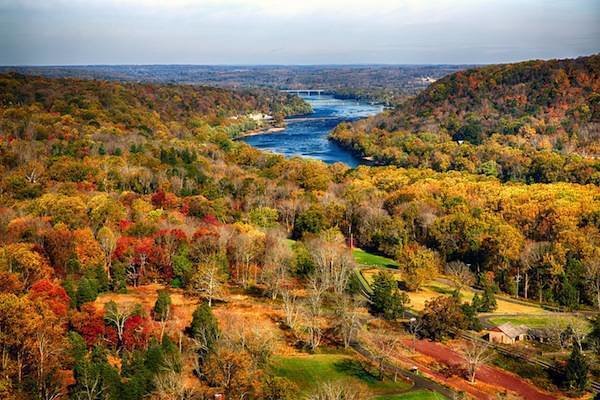 EDB8EA View of the Delaware River During Peak Fall Foliage with the New Hope-Lambertville Bridges, Bucks County, Pennsylvania