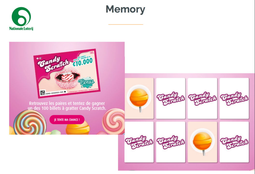 Loter&iacute;a nacional belga: Campa&ntilde;a de branding a trav&eacute;s del formato memory para incentivar a los usuarios a dejar sus datos a trav&eacute;s de la participaci&oacute;n en el sorteo de 100 lotes de chuches