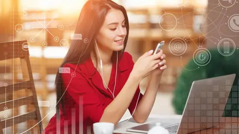 Young business woman using phone in coffee shop. Successful business woman. Business infographic
