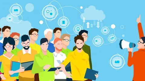 Businessman Boss Hold Megaphone Loudspeaker Colleagues Business People Team Leader Group Businesspeople Vector Illustration
